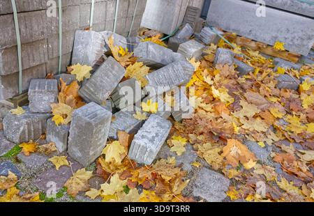 Ein Haufen grauer Betonblöcke, verstreut zwischen gelben Herbstblättern auf einem Steinweg. Die Szene erfasst den Kontrast zwischen den harten Materialien und Stockfoto