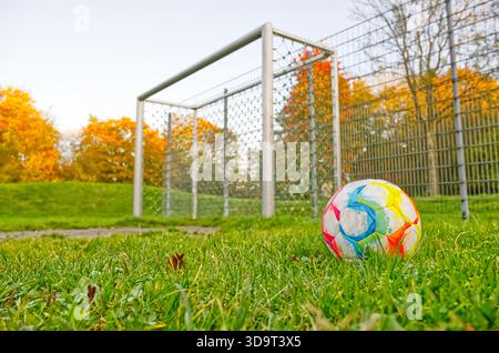 Ein farbenfroher Fußball, der auf grünem Gras vor einem Fußballtor liegt. Der Hintergrund zeigt herbstliche Bäume mit leuchtenden orangefarbenen Blättern, die ein s bilden Stockfoto