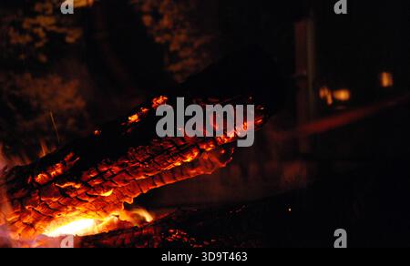 Eine Nahaufnahme eines brennenden Holzschlauchs am Lagerfeuer mit glühender Glut und Flammen vor dunklem Hintergrund, die eine warme und gemütliche Atmosphäre schaffen. Stockfoto