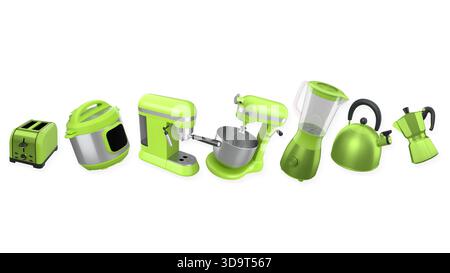 Sammlung von Küchengeräten mit Holzutensilien, isoliert auf weißem Hintergrund, moderne Küchenwerkzeuge. Stockfoto