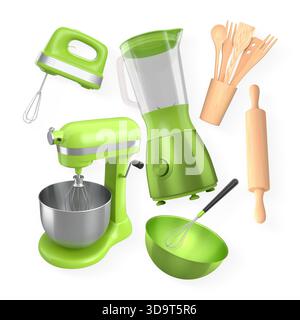 Küchengeräte und -Utensilien einschließlich Standmixer, Mixer und Holzwerkzeuge, isoliert auf weißem Hintergrund, Konzept der Backwerkzeuge Stockfoto