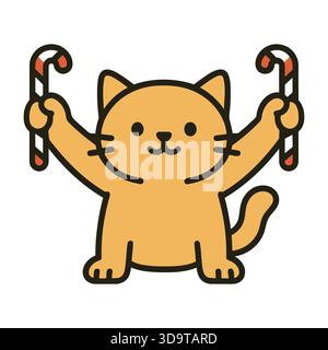 Niedliche Katze, die Süßigkeiten hält Weihnachten Kawaii Cartoon Vektor Illustration für Feiertagsfeier Stock Vektor