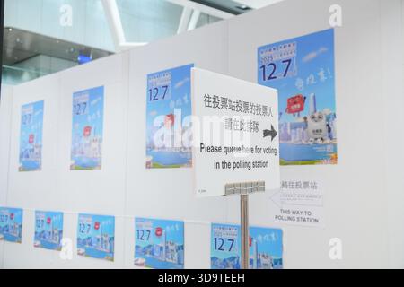 Hongkong, Hongkong. Dezember 2025. Beschilderung vor der Wahlstation am 7. November 2025 in Hongkong. (Foto von Zulu Lo/TMHK über Nexpher Images) Credit: Nexpher Images Limited/Alamy Live News Stockfoto