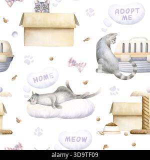 Katzen träumen von einem nahtlosen Muster auf weiß mit grauen Katzen, Box, Spielzeug, Haustierträger und Kratzbaum. Von Hand gezogene Tiere wiederholen Stockfoto