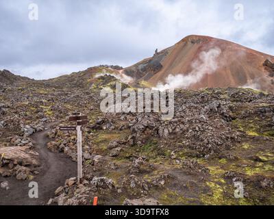 Ein felsiger Pfad und hölzerner Wegweiser auf geothermisch aktivem Gelände in der Nähe eines farbenfrohen Rhyolithbergs. Stockfoto