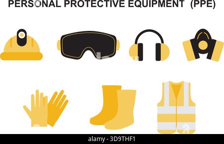 Industrielle Sicherheit PSA Set Helm Brille Kapselgehörschützer flach Vektor Stock Vektor