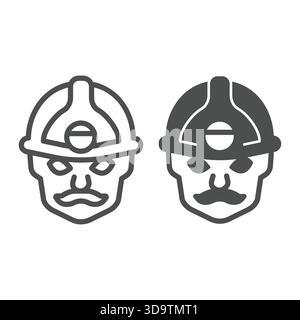 Mann mit Schnurrbart und Symbol, Elektriker-Servicekonzept. Vektorgrafiken. Menschlicher Kopf im Helm mit Taschenlampenschild auf weißem Hintergrund, Ou Stock Vektor