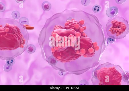 Akute lymphozytäre Leukämiezellen (ALL) im Blutfluss - Halbnaheaufsicht 3D-Illustration Stockfoto