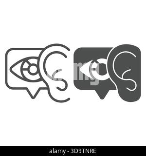 Ohr und Blase mit Augenlinie und durchgehendem Symbol, Konzept des neuronalen Netzes. Vektorgrafiken. Geräuscherkennung, Datenschulungsschild auf weißem Hintergrund, Outli Stock Vektor