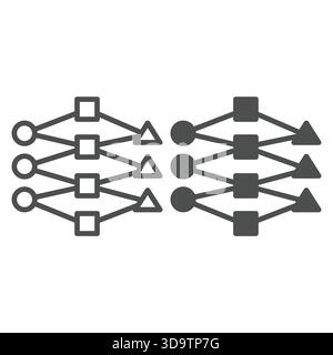 Diagramm mit Kreis-, Quadrat- und Dreieckslinie und ausgefülltem Symbol, Konzept des neuronalen Netzes. Vektorgrafiken. Entscheidungsbaum, Gitterschulungsschild auf weißem Hintergrund Stock Vektor