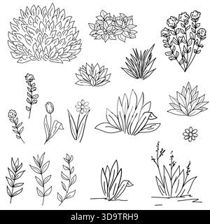 Üppige Büsche und Zweige mit Blättern, schwarz-weiße Skizze. Vektorabbildung. Blumenset und Frühlingszweige, isoliert auf weißem Hintergrund. Fo Stock Vektor