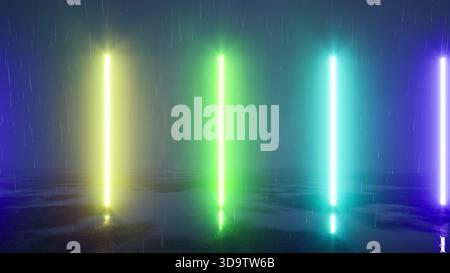 Regenbogenfarben Neonlichtlinien auf Rain bg 3D-Rendering Stockfoto