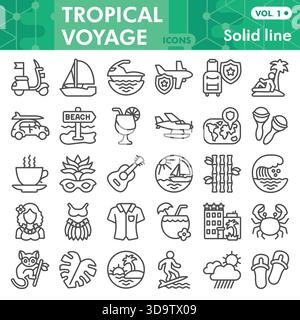 Tropische Voyage-Symbole oder Skizzen, Travel Journey-Themenbar in Linienschildern für Web und App. Vektorgrafiken isoliert auf weißem Backgr Stock Vektor