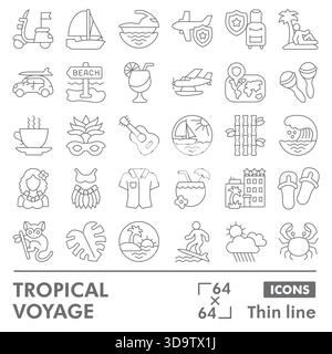 Tropische Voyage Symbole Sammlung oder Skizzen, Reisemotiv in dünnen Linien für Web und App. Vektorgrafiken isoliert auf weißem Hintergrund Stock Vektor
