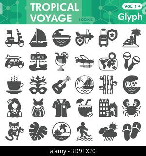 Tropische Voyage-Symbole, Sammlung oder Skizzen, Travel Journey-Themenbar in Glyphe-Stil-Schildern für Web und App. Vektorgrafiken isoliert auf weißem Hintergrund Stock Vektor
