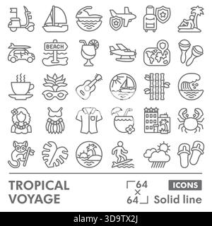 Tropenvoyage-Symbole-Sammlung oder Skizzen, Reiseziel-Thema in Linienschildern für Web und App. Vektorgrafiken isoliert auf weißem Hintergrund Stock Vektor