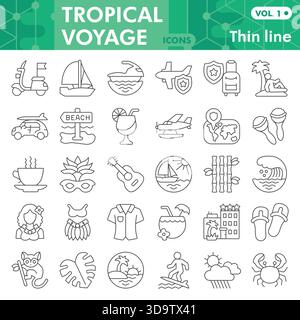 Tropische Voyage-Symbole oder Skizzen, Travel Journey-Themenbar in dünnen Linien für Web und App. Vektorgrafiken isoliert auf weiß b Stock Vektor