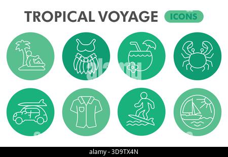 Tropische Voyage Symbole Sammlung oder Skizzen, Reise-Themenblasen in dünnen Linien-Schildern für Web und App. Vektorgrafiken isoliert auf Wi Stock Vektor