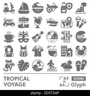 Tropenvoyage-Symbole-Sammlung oder Skizzen, Reiseziel-Thema in Glyphen-Stil-Zeichen für Web und App. Vektorgrafiken isoliert auf weißem Hintergrund Stock Vektor