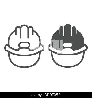 Builder Helmlinie und ein durchgehendes Symbol für ein Straßenkonzept. Vektorgrafiken. Kunststoffkappe für Sicherheit, Konstruktionsschild auf weißem Hintergrund, Umrissstil Stock Vektor