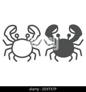 Krabbe mit großer Krallenlinie und festem Symbol, tropisches Reisekonzept. Vektorgrafiken. Unterwasser-Meeresbewohner, wildes Lebenszeichen auf weißem Hintergrund, o Stock Vektor