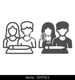 Verheiratetes Paar und Vertragspapier und solide Ikone, Familienanwaltkonzept. Vektorgrafiken. Dokument mit Stift und Unterschrift junger Leute auf weißem Hintergrund Stock Vektor