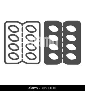 Pills Pack Line und Solid Icon, Apotheke Konzept. Vektorgrafiken. Verpackung für Pillen, Medizinschild auf weißem Hintergrund, Umrissstilikon für Mobi Stock Vektor
