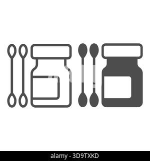 Zwei-Ohr-Wattestäbchen und Gläserlinie und festes Symbol, Apothekenkonzept. Vektorgrafiken. Ein Glas Medizin und ein paar Tupfer auf weißem Hintergrund, raus Stock Vektor