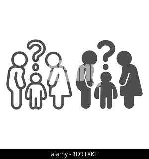 Kinderfrage für Eltern Zeile und Symbol, Familienanwaltskonzept. Vektorgrafiken. Mann mit Frau und Kind Vertrauen Problem Schild auf weißem Hintergrund Stock Vektor
