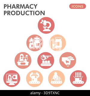 Sammlung oder Skizzen von Symbolen für Pharmazeutika, Themenblasen für die Arzneimittelproduktion in Glyphenzeichen für Web und App. Vektorgrafiken isoliert auf W Stock Vektor