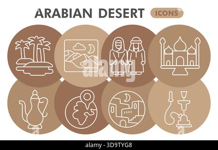 Arabische Wüstensymbole Sammlung oder Skizzen, Reisereise-Themenblasen in dünnen Linien für Web und App. Vektorgrafiken isoliert auf weiß Stock Vektor