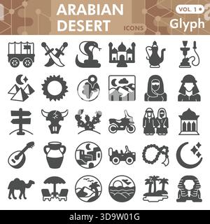 Arabische Wüstensymbole Sammlung oder Skizzen, Reisereise-Themenbar in Linie Glyphe-Zeichen für Web und App. Vektorgrafiken isoliert auf weißem Hintergrund Stock Vektor