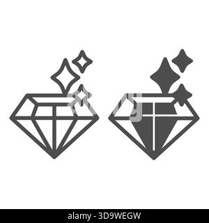 Diamant mit glänzender Linie und solidem Symbol, Schmuckkonzept. Vektorgrafiken. Brillantes Edelsteinzeichen auf weißem Hintergrund, umrissene Stilikone für Stock Vektor