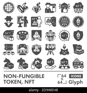Sammlung oder Skizzen von nicht fungiblen Tokensymbolen, nft-Theme in Glyphensymbolen für Web und App. Vektorgrafiken isoliert auf weißem Hintergrund Stock Vektor