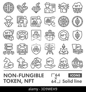 Sammlung oder Skizzen von nicht fungiblen Tokensymbolen, nft-Design in Linienzeichen für Web und App. Vektorgrafiken isoliert auf weißem Hintergrund Stock Vektor