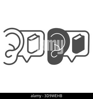 Popup-Blase aus Ohr und Lehrbuch und solides Symbol, Buchfestival-Konzept. Vektorgrafiken. Leser Gerüchte über Erfolgsbuch, Leseschild auf weißem Backgr Stock Vektor