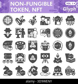 Sammlung oder Skizzen von nicht fungiblen Tokensymbolen, nft-Theme in Glyphensymbolen für Web und App. Vektorgrafiken isoliert auf weißem Hintergrund Stock Vektor