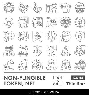 Sammlung oder Skizzen von nicht fungiblen Tokensymbolen, nft-Design in linearen Zeichen für Web und App. Vektorgrafiken isoliert auf weißem Hintergrund Stock Vektor