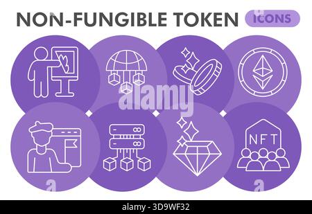Sammlung oder Skizzen von nicht fungiblen Tokensymbolen, nft-Themensymbole in dünnen Linien für Web und App. Vektorgrafiken isoliert auf weißem Hintergrund Stock Vektor