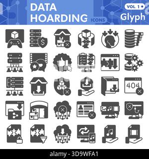 Sammlung oder Skizzen von Datensammlungen, Festplattenspeicher-Design in Glyphensymbolen für Web und App. Vektorgrafiken isoliert auf weißem Hintergrund Stock Vektor