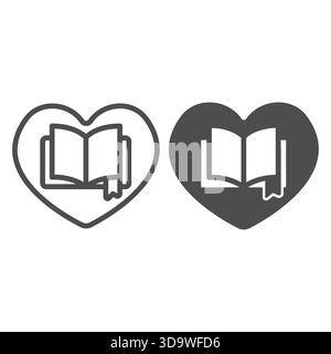 Buch mit Lesezeichen auf der Herzlinie und solidem Symbol, Buchfestival-Konzept. Vektorgrafiken. Herzform mit Lehrbuch, Lieblingsschild auf weißem Hintergrund, Stock Vektor