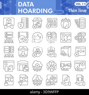 Sammlung von Symbolen oder Skizzen für das Horten von Daten, Festplattenspeicher in linearen Schildern für Web und App. Vektorgrafiken isoliert auf weißem Hintergrund Stock Vektor