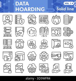 Sammlung von Symbolen oder Skizzen für das Horten von Daten, Festplattenspeicherdesign in Linienzeichen für Web und App. Vektorgrafiken isoliert auf weißem Hintergrund Stock Vektor
