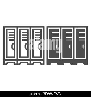 Drei Schließfächer und ein solides Symbol, Karosseriebau-Konzept. Vektorgrafiken. Schließfächer im Fitnessstudio für Kleidung, Sporttraining Schild auf weißem Hintergrund, o Stock Vektor