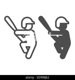 Baseballspielerlinie und solides Symbol, Baseballspiel-Konzept. Vektorgrafiken. Sportler mit Helm und Fledermaus, Sportschild auf weißem Hintergrund, Umriss St Stock Vektor