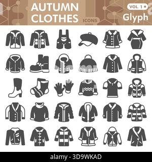 Kollektion oder Skizzen für Herbstkleidung, Motive in Glyphe-Stil-Zeichen für Web und App. Vektorgrafiken isoliert auf weißem Hintergrund Stock Vektor