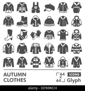 Kollektion oder Skizzen für Herbstkleidung, Motive in Glyphe-Stil-Zeichen für Web und App. Vektorgrafiken isoliert auf weißem Hintergrund Stock Vektor