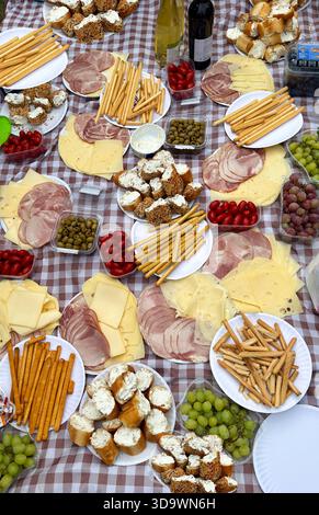 Snack für Touristen entlang des Weges. Wurstplatte, Käse, Brotstangen grissini, Bruschetta Canapes mit Frischkäse, Trauben, Oliven, Kirschbaum tom Stockfoto