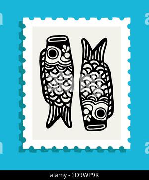 Stilisierte schwarze Koi-Fisch-Illustration auf einer Briefmarke mit türkisfarbenem Hintergrund Stock Vektor