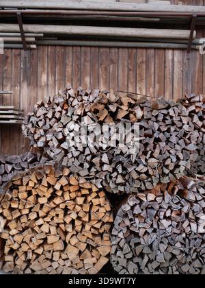 Stapelbare Brennholzstämme, die ordentlich an der rustikalen Holzwand im Außenlagerschuppen gelagert sind und für die Winterheizung bereit sind, erinnern an ein gemütliches ländliches Leben und Nachhaltigkeit Stockfoto